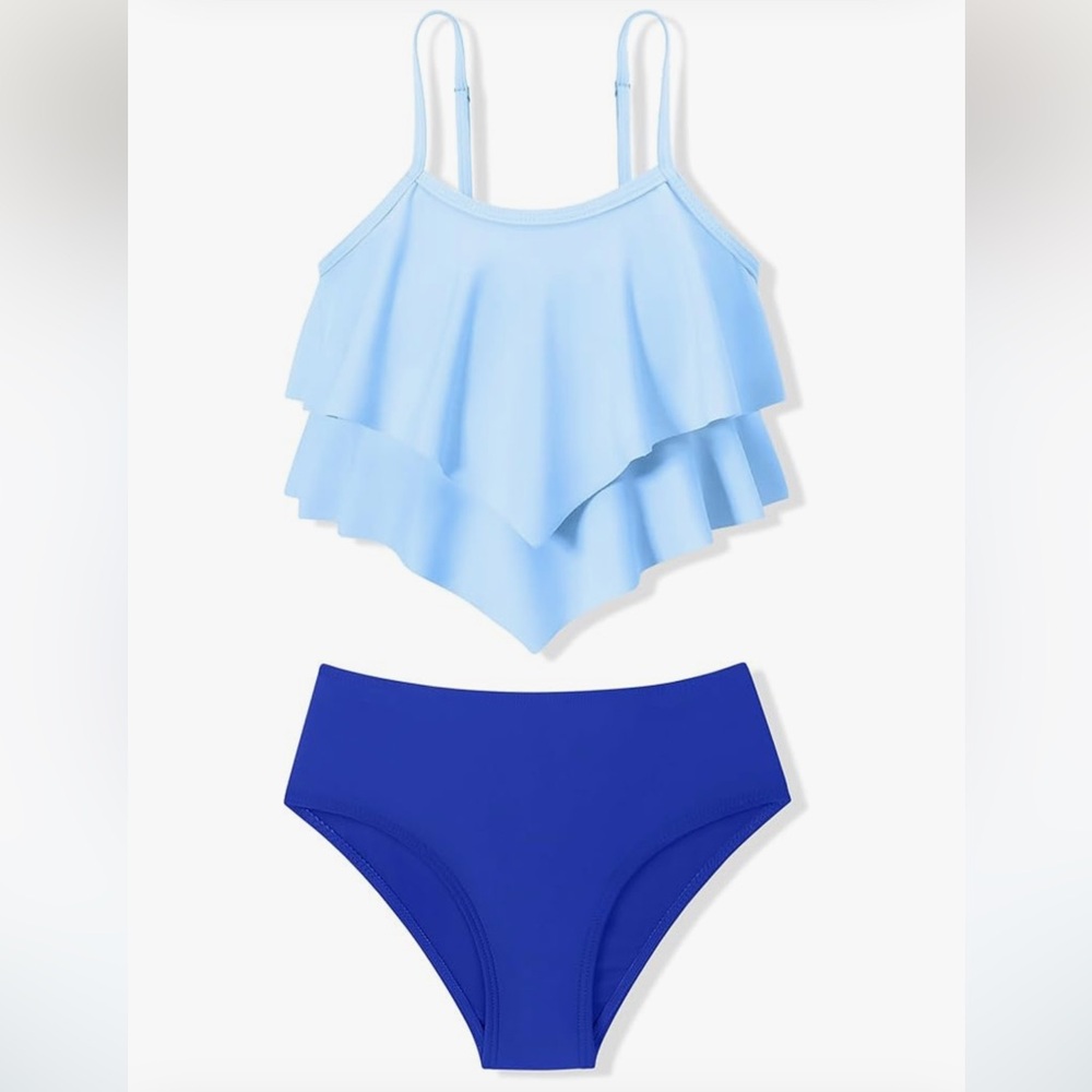 Girls Swimsuit 2 Piece Bikini Set Tiered Ruffled Bathing Suit Adjustable Straps